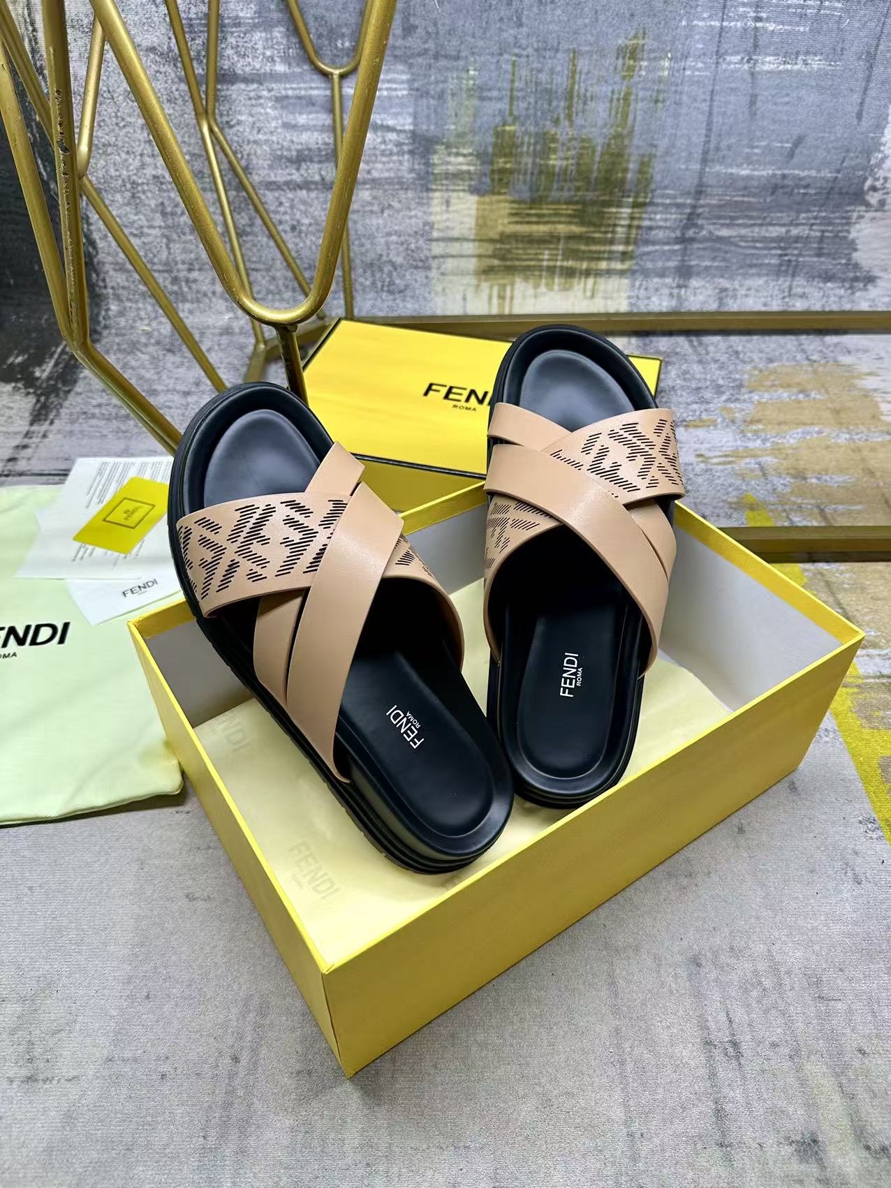 Fendi sandals with beige FF straps and black slide sole