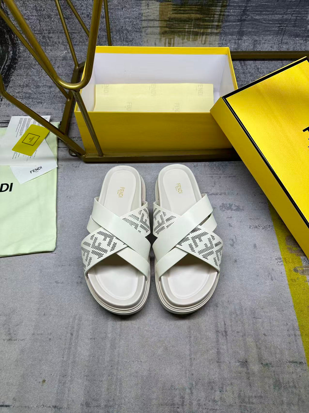 Fendi white slide sandals, front pair, double straps with FF pattern