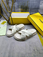Fendi white slide sandals, side view, double strap with FF pattern