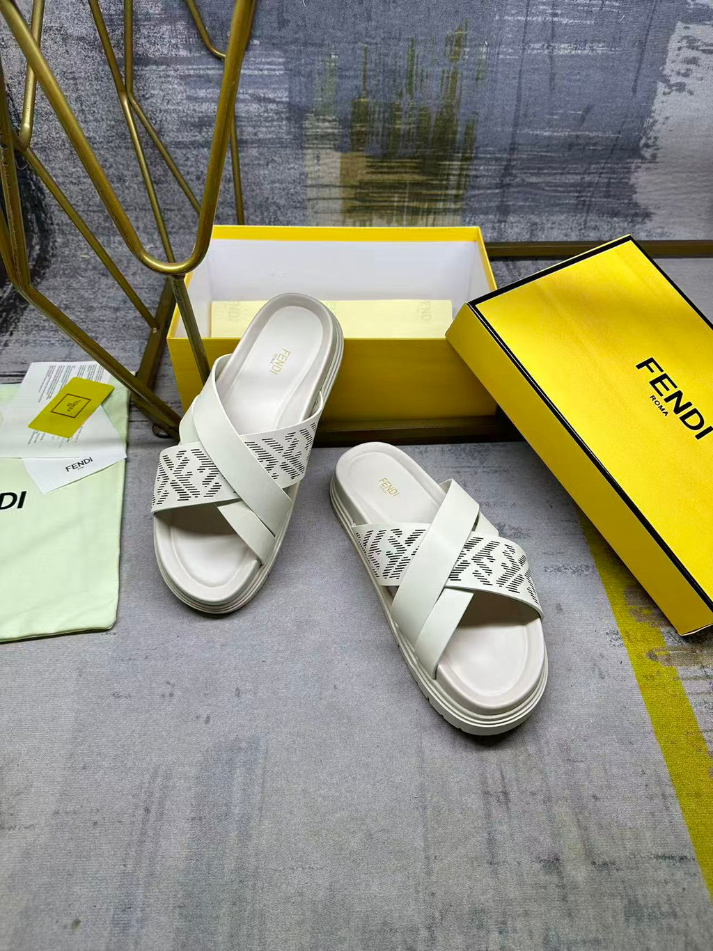 Fendi white slide sandals with double straps and FF logo panel