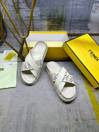 Fendi white slide sandals with double straps and FF logo panel
