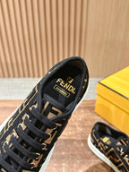 Fendi unisex sneaker close-up, black FF logo with “FENDI” inside heel and black laces