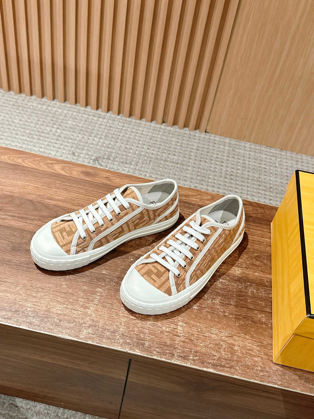 Fendi unisex sneakers with brown monogram side panels and white rubber toe