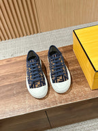 Navy canvas sneakers with blue laces, FF monogram pattern, white rubber sole