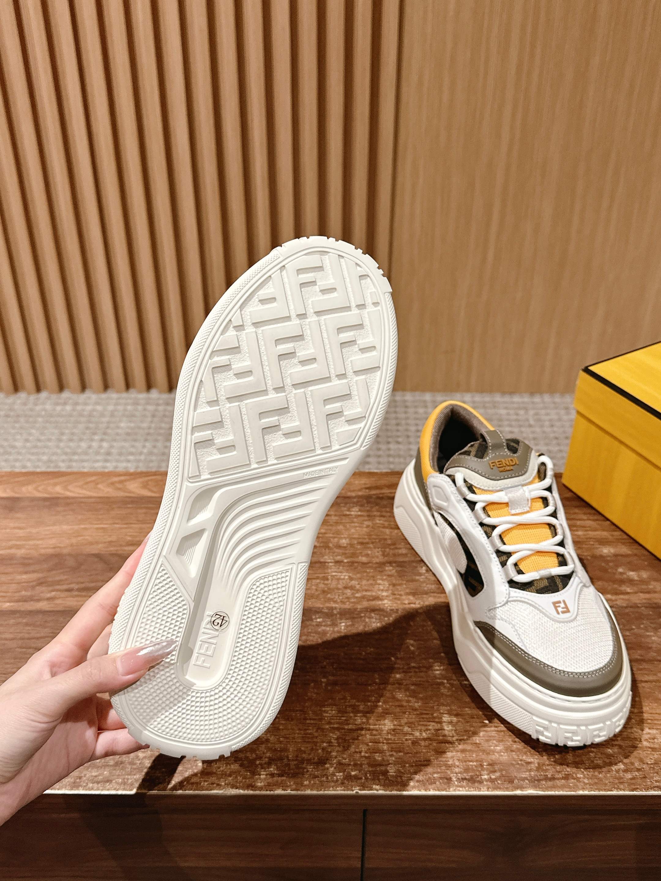 Fendi unisex sneaker outsole, textured white sole with FENDI pattern and tread