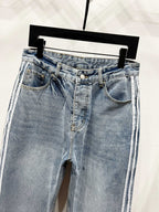 Light blue denim pants with contrast side stripe, belt loops and slanted pockets