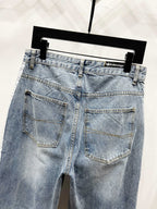 Light blue denim pants with two front patch pockets and belt loops