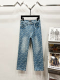 Blue denim pants with all-over logo print, straight leg, front pockets and belt loops