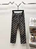Black denim jeans with allover Balenciaga script print, cropped straight-leg fit
