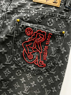Louis Vuitton monogram denim jeans pocket with red embroidered logo