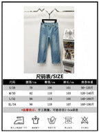 Size chart for denim pants with measurements and care icons