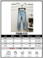 Denim pants size chart for light-wash jeans with waist and length measurements
