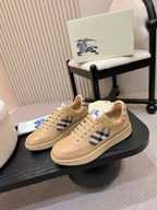 Burberry low-top sneakers, beige uppers with check panel and blue accents
