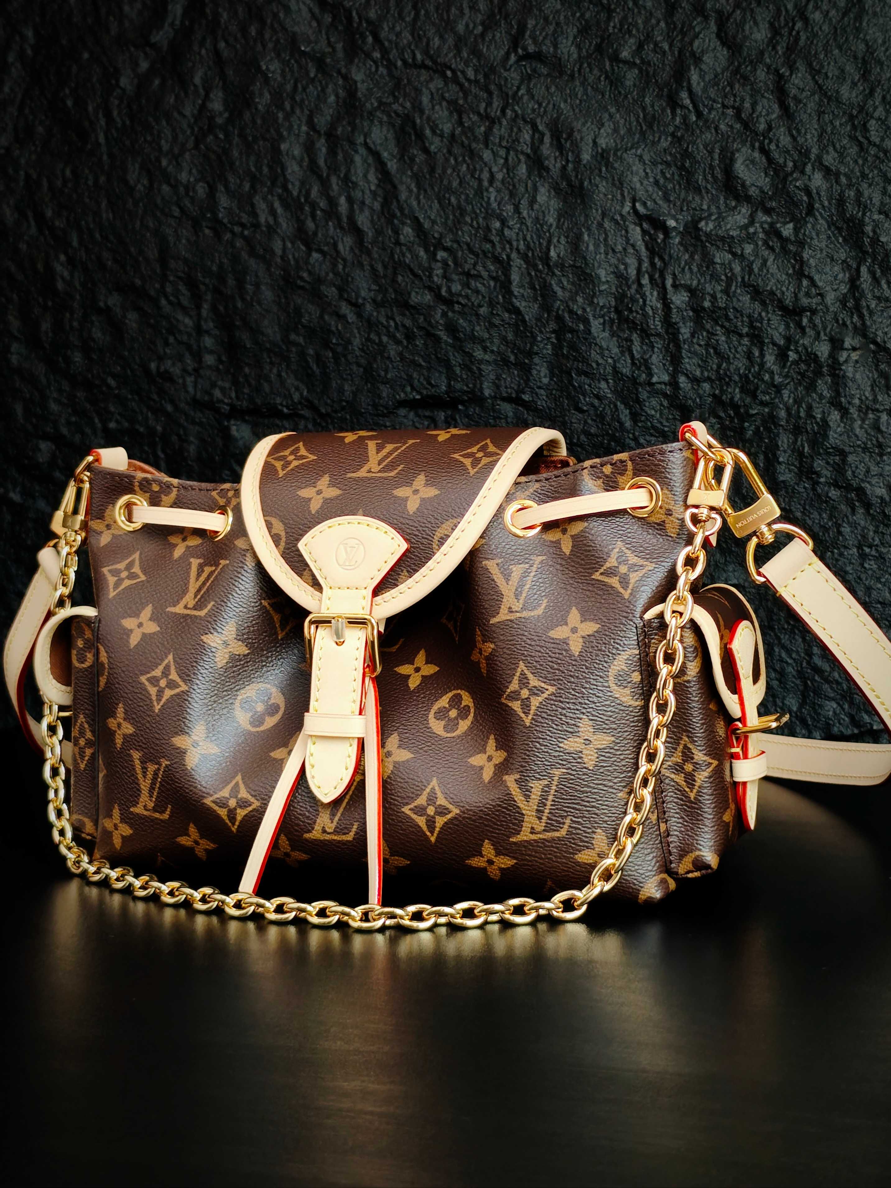 Louis Vuitton monogram canvas crossbody bag with white leather trim and shoulder chain