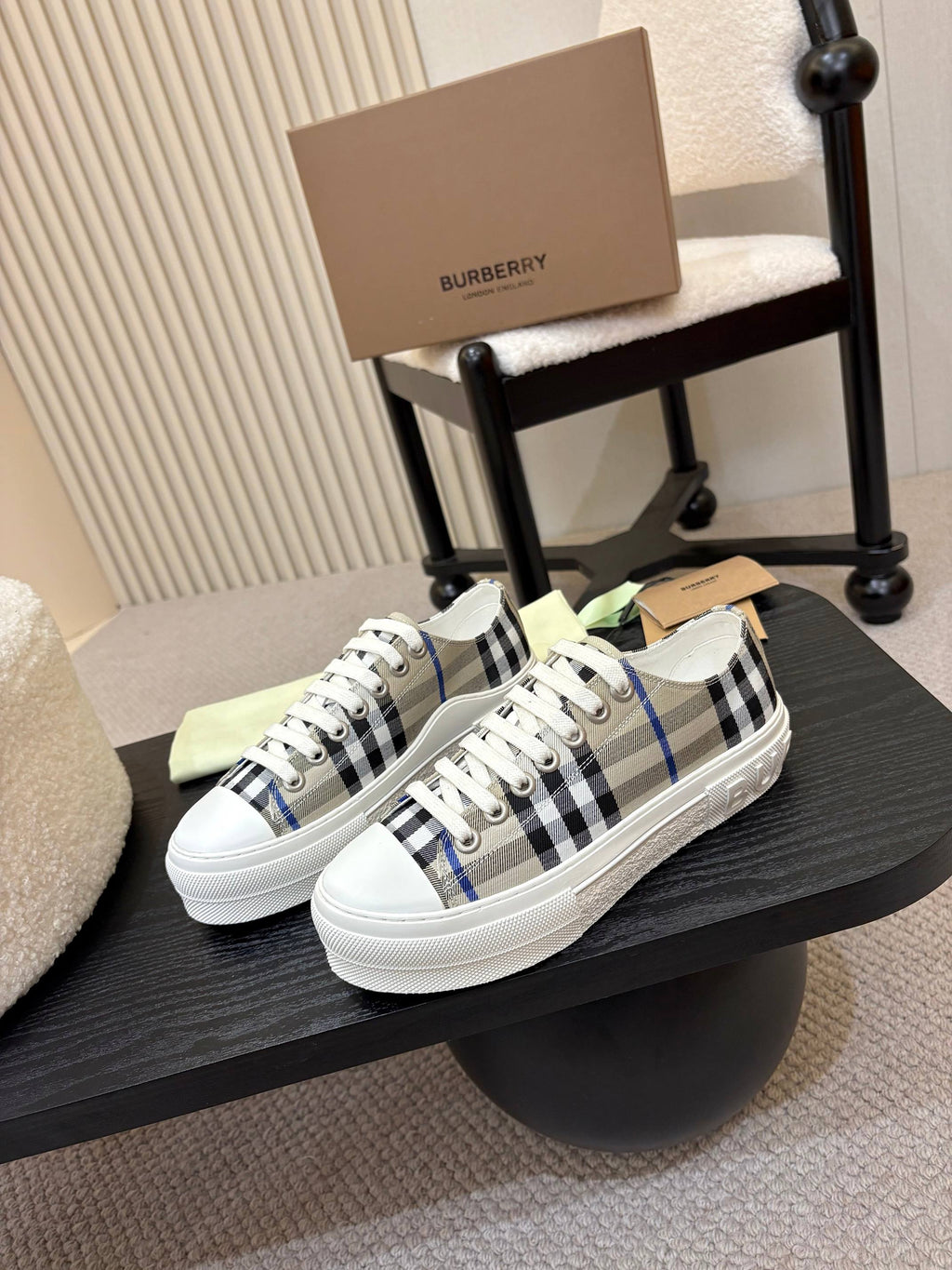 Burberry low-top sneakers with white laces and black-blue check paneling