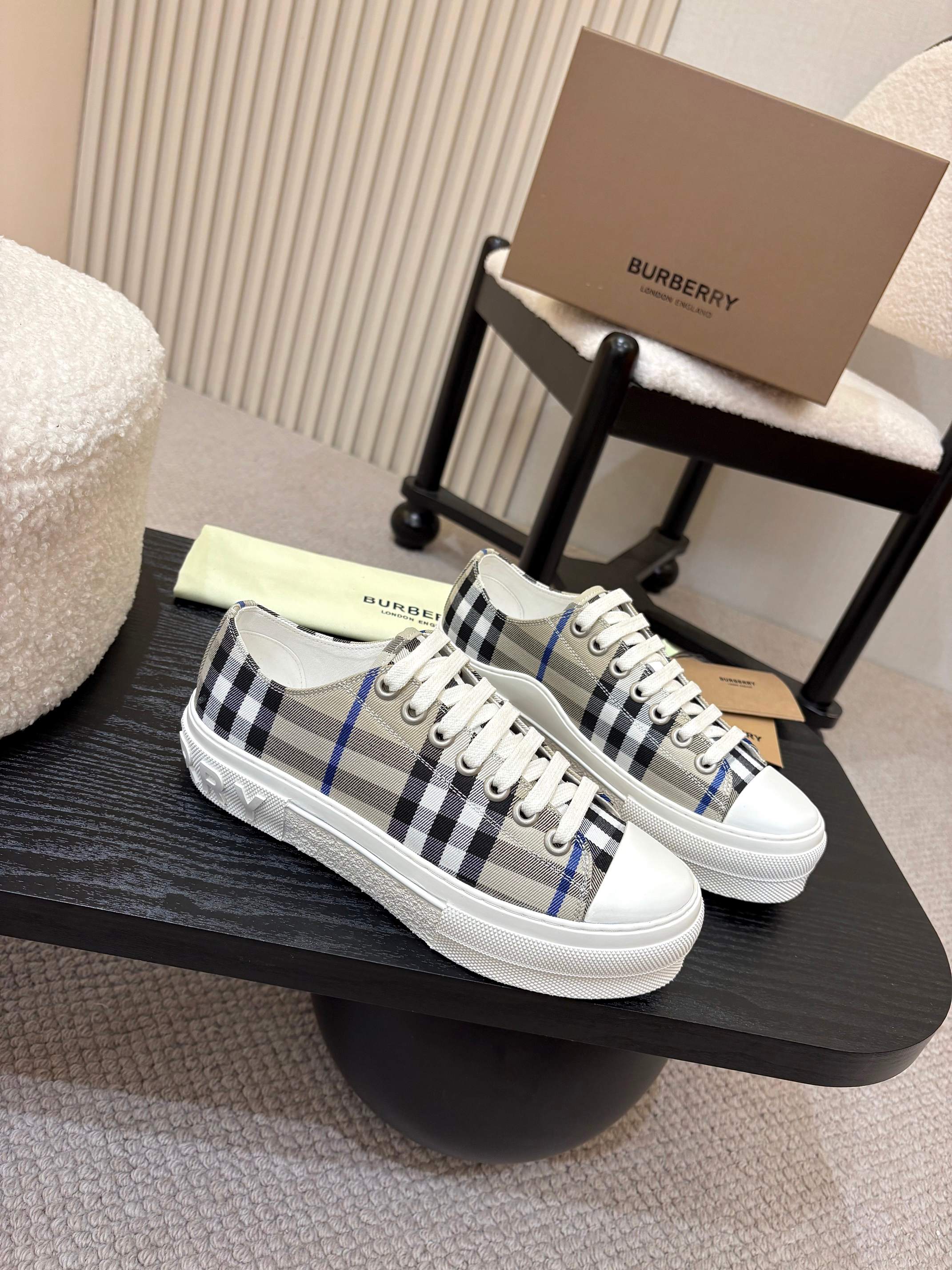 Burberry low-top sneakers, white with black and blue check pattern, lace-up