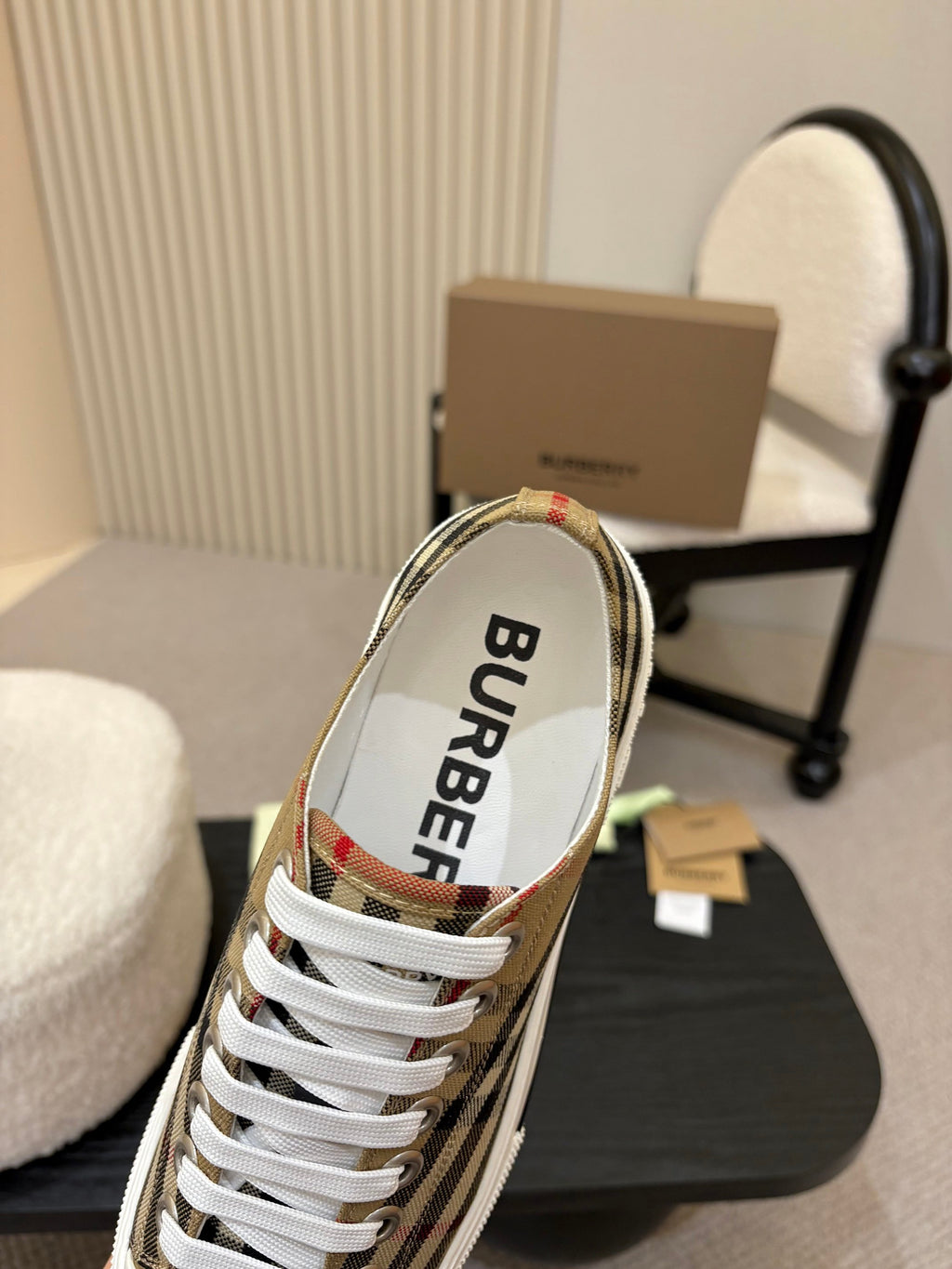 Burberry sneakers, interior heel label with white lining and plaid collar