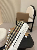 Burberry sneakers heel and side view, plaid upper with white logo patch