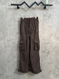 Brown cargo pants with drawstring waist and side cargo pockets