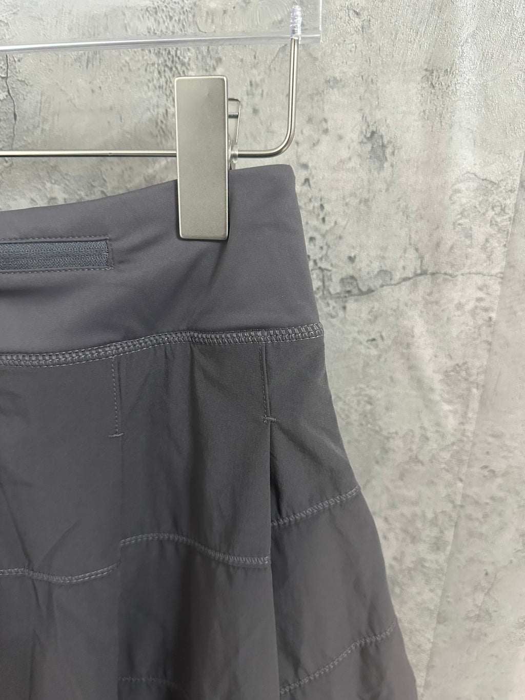 Ralph Lauren skirt view with pleated tiers and side seam, dark gray