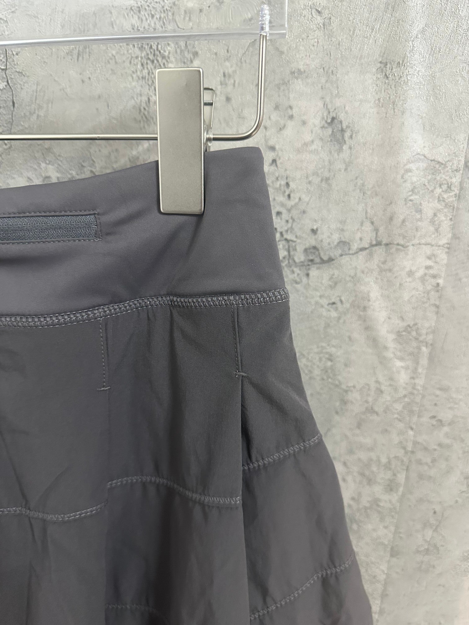 Ralph Lauren skirt view with pleated tiers and side seam, dark gray