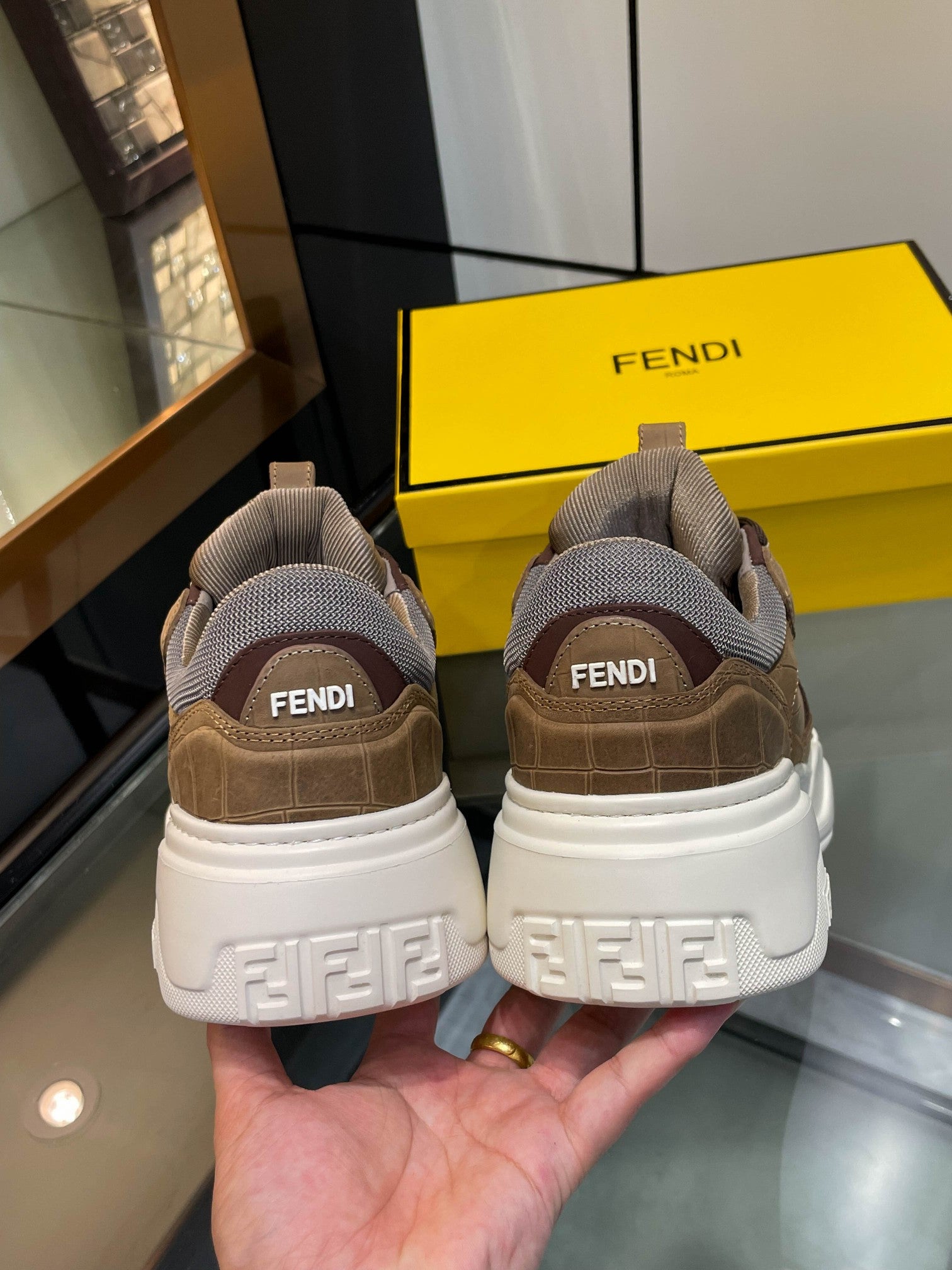 Brown Fendi sneakers, heel logo on padded back, chunky white sole