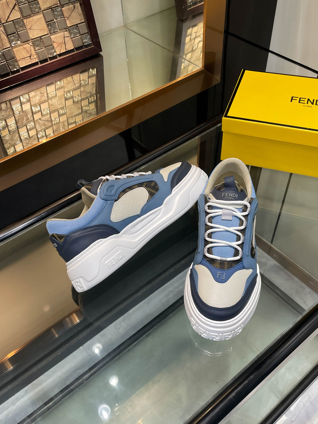 Fendi unisex sneakers, blue upper with mesh panels, lace-up and white sole