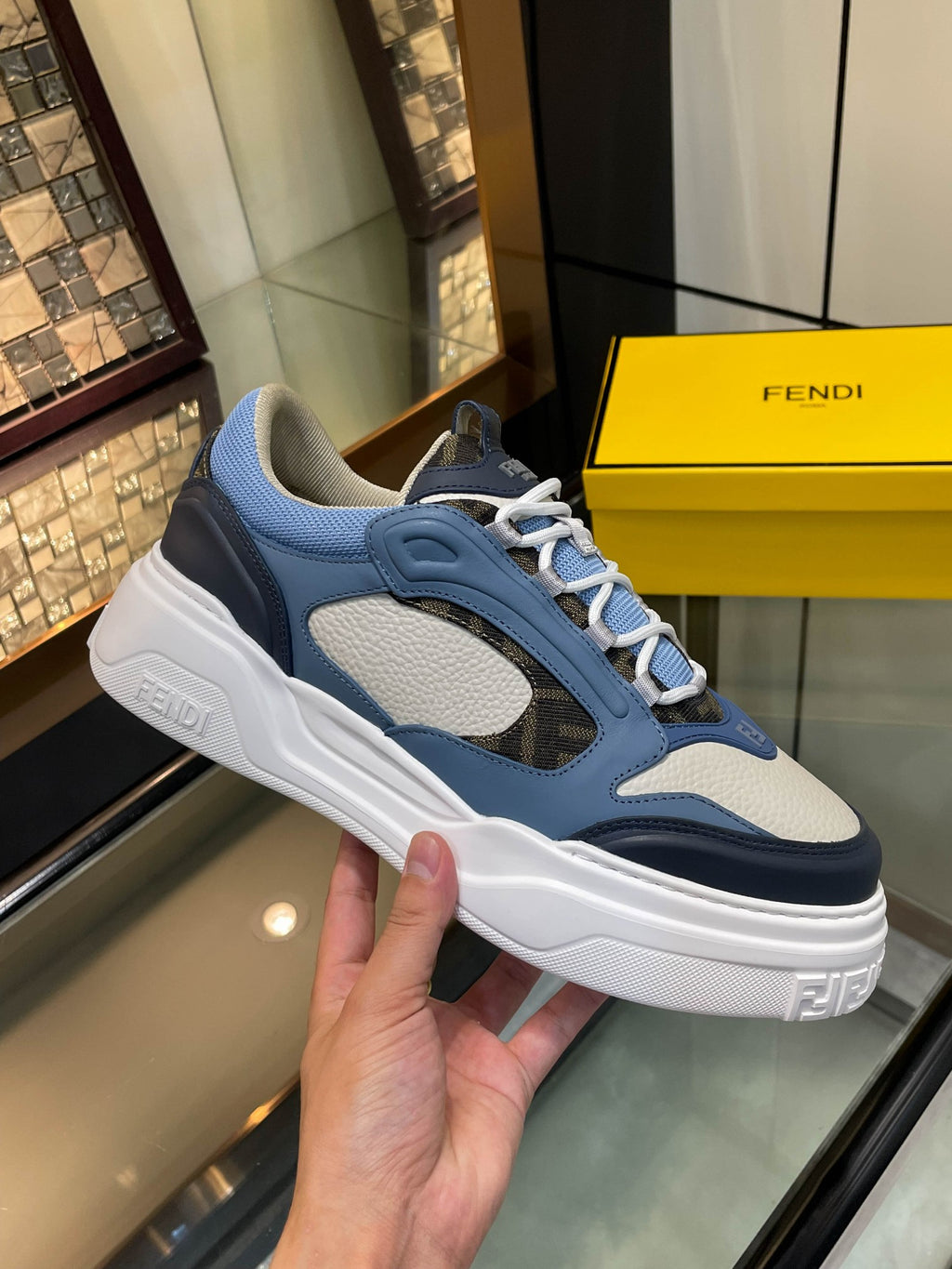 Fendi unisex sneakers in navy and light blue, lace-up with textured panels