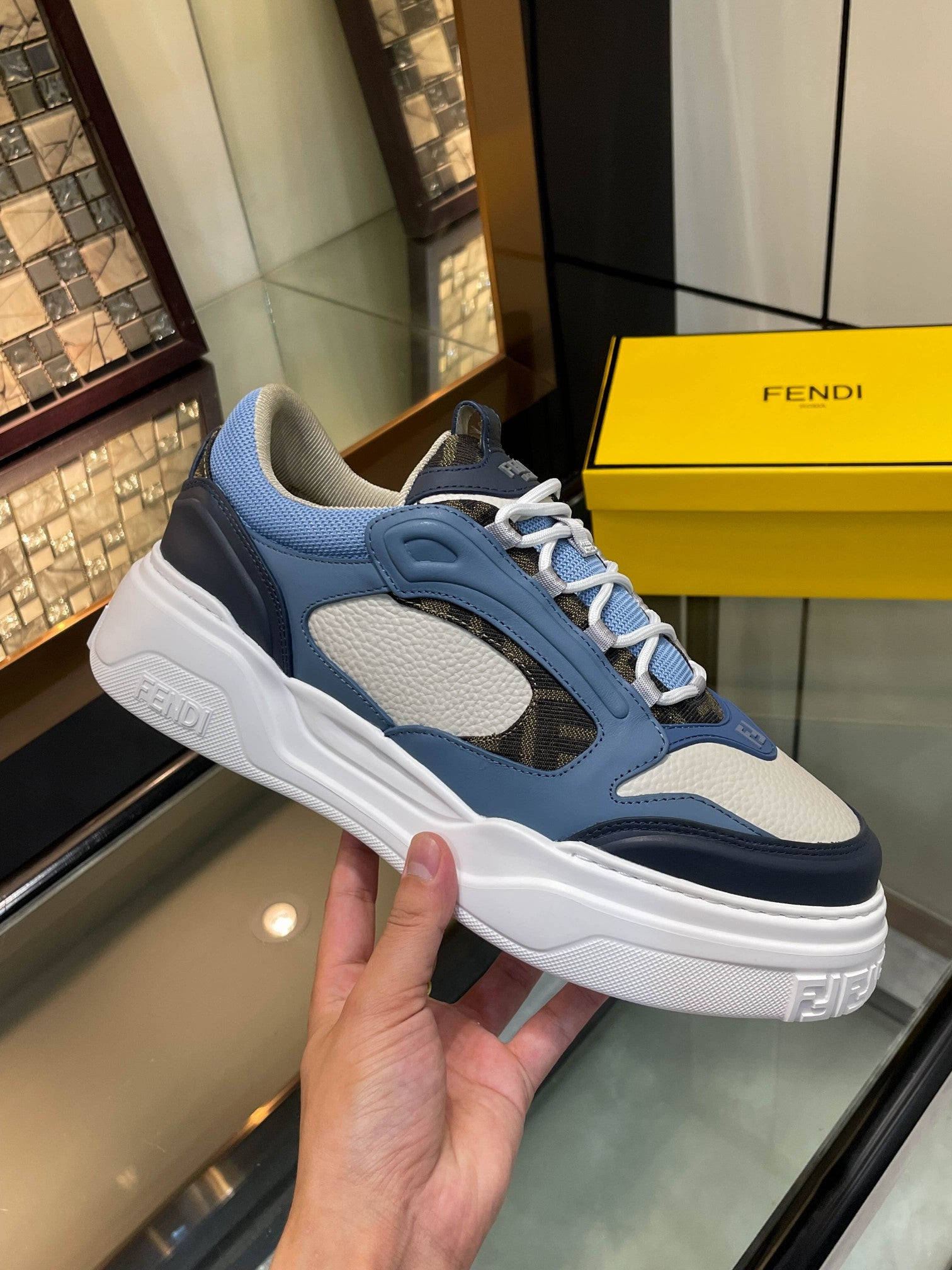 Fendi unisex sneakers in navy and light blue, lace-up with textured panels