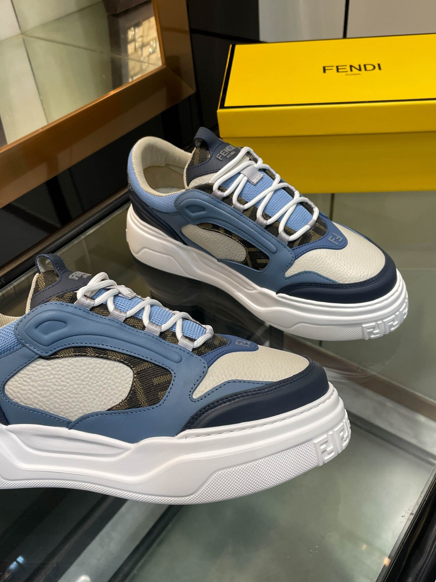Fendi unisex sneakers, blue-and-cream upper, lace-up with thick white sole