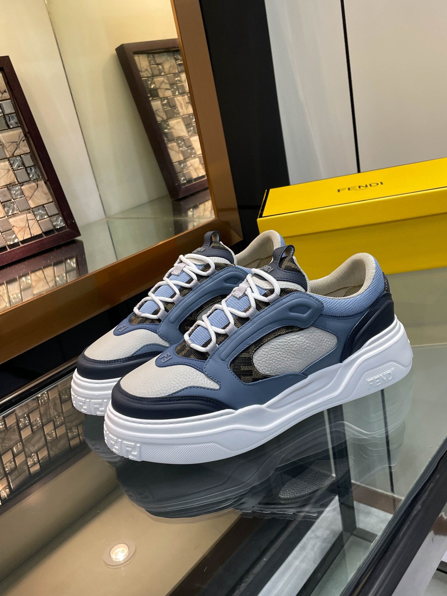 Fendi unisex lace-up sneakers with blue and white chunky sole