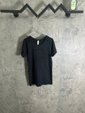 Dark heather crew-neck T-shirt, short raglan sleeves, small chest logo