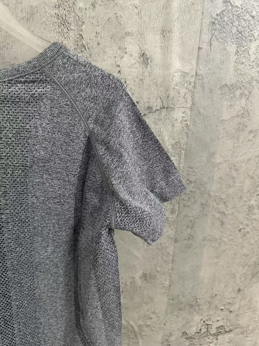 Kids gray heather T-shirt back view with gathered shoulder and short sleeves