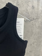 Dark ribbed tank top with crew neck and visible size label