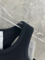 Dark ribbed tank top shoulder seam and neckline on clear hanger