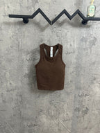Brown sleeveless tank top with scoop neck and ribbed knit fabric