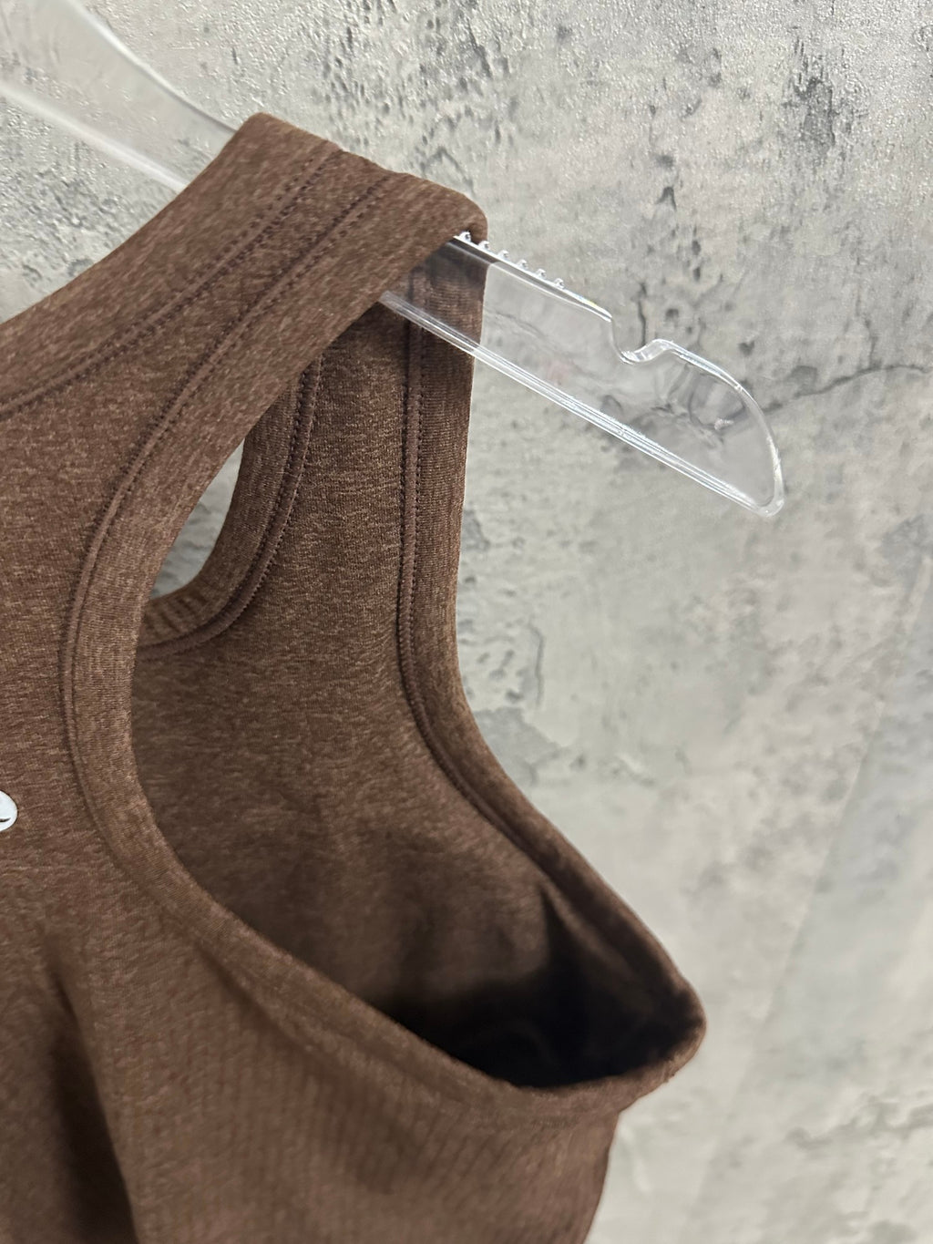 Ralph Lauren brown sleeveless tank top on clear hanger, scoop neck and armholes