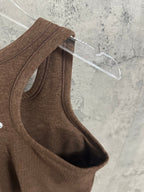 Ralph Lauren brown sleeveless tank top on clear hanger, scoop neck and armholes