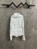 White hooded zip jacket with front pockets and drawstring hem