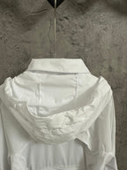 White hooded zip jacket, back view with draped hood detail