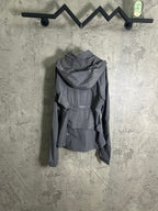 Ralph Lauren hooded jacket, gray, front view with tied hood and belt