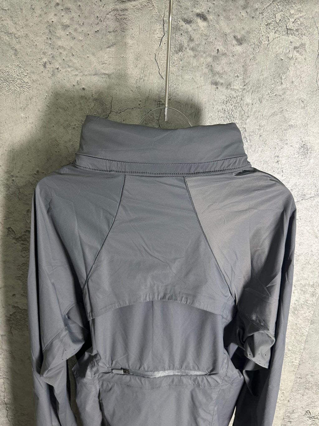 Ralph Lauren gray hooded jacket back view with high stand collar