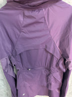 Purple windbreaker jacket back with hood and central seam
