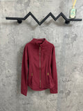 Burgundy zip-front jacket with stand collar and two zip pockets