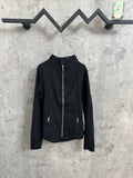 Black zip-front bomber jacket with gold-tone zipper and zip pockets