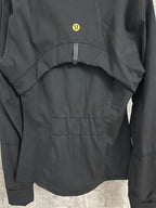 Black bomber jacket back with stitched yoke and high waistband seam