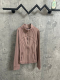 Zip-front jacket in dusty pink with stand collar and contrast seam piping