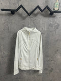 White zip-up jacket with stand collar and gold-tone zipper pulls
