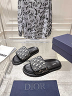 Dior slide sandals set, gray-and-black Dior-oblique print with thick black rubber sole