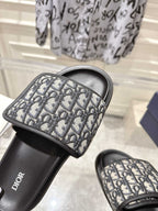 Dior slide sandals close-up; gray Dior-oblique strap detail with black trim